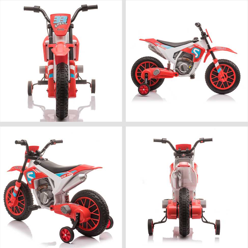 HOMCOM vaikiškas elektrinis motociklas, 12V, su 2 nuimamais pagalbiniais ratukais, raudonas, vaikams nuo 3 metų