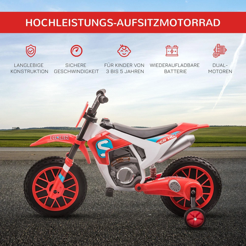 HOMCOM vaikiškas elektrinis motociklas, 12V, su 2 nuimamais pagalbiniais ratukais, raudonas, vaikams nuo 3 metų