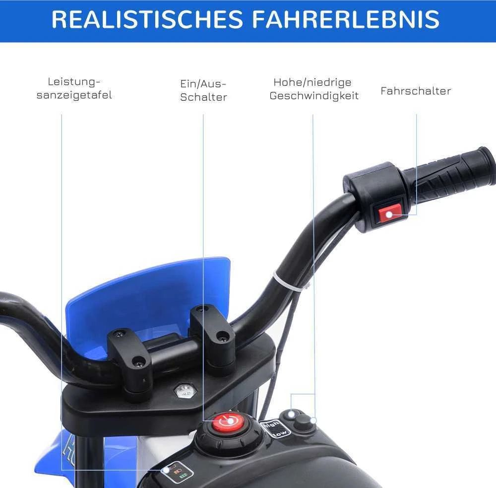 HOMCOM vaikiškas elektrinis motociklas 12V, su 2 nuimamais pagalbiniais ratukais, nuo 3 metų, PP metalas, mėlynas ir baltas