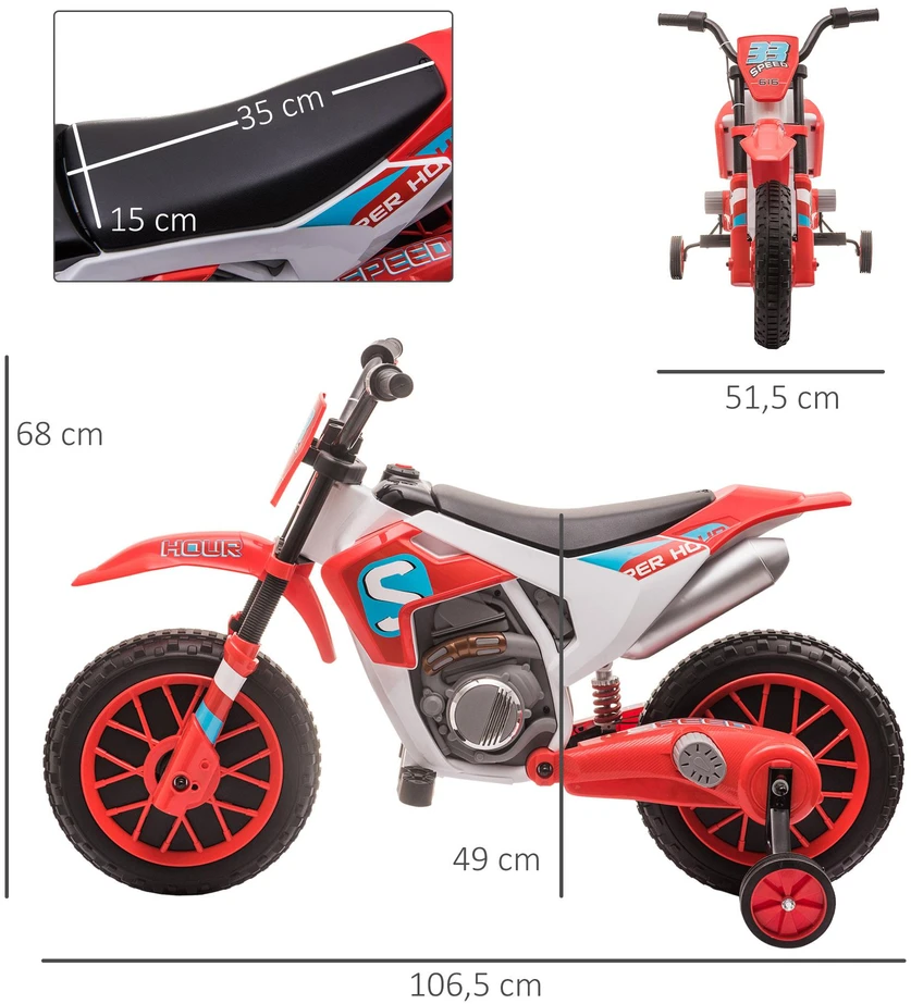 HOMCOM vaikiškas elektrinis motociklas, 12V, su 2 nuimamais pagalbiniais ratukais, raudonas, vaikams nuo 3 metų