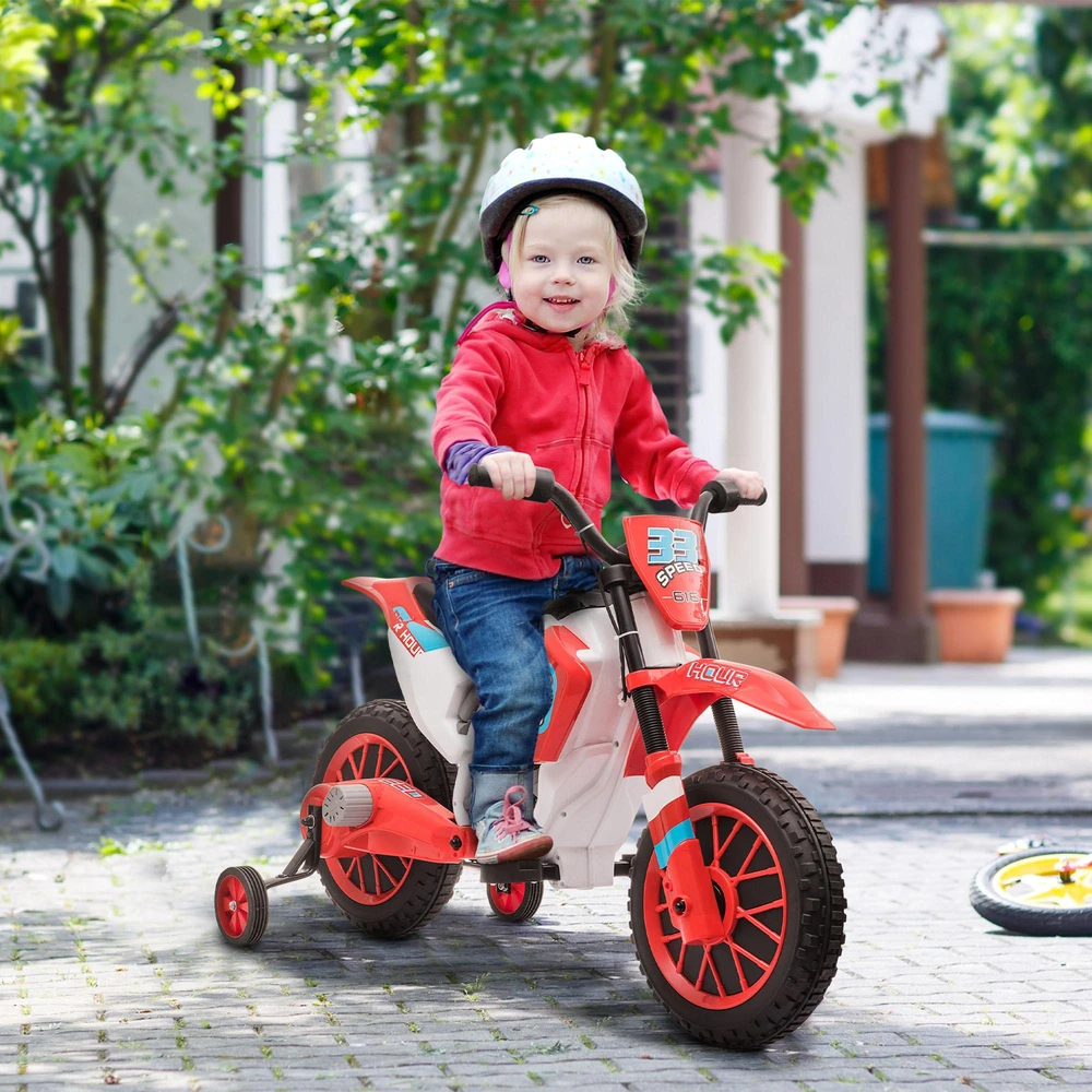 HOMCOM vaikiškas elektrinis motociklas, 12V, su 2 nuimamais pagalbiniais ratukais, raudonas, vaikams nuo 3 metų