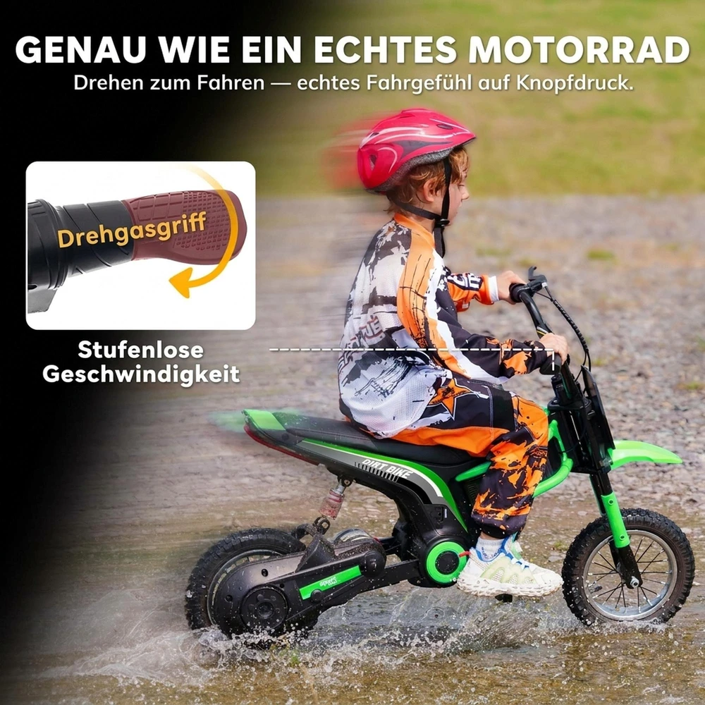 HOMCOM vaikiškas elektrinis motociklas, 12 V vaikiškas motociklas su garsiniu signalu, žibintu, transporto priemonė vaikams su pasukama greičio rankena, 8-16 km/val., 8-12 metų vaikams, žalias | Aosom