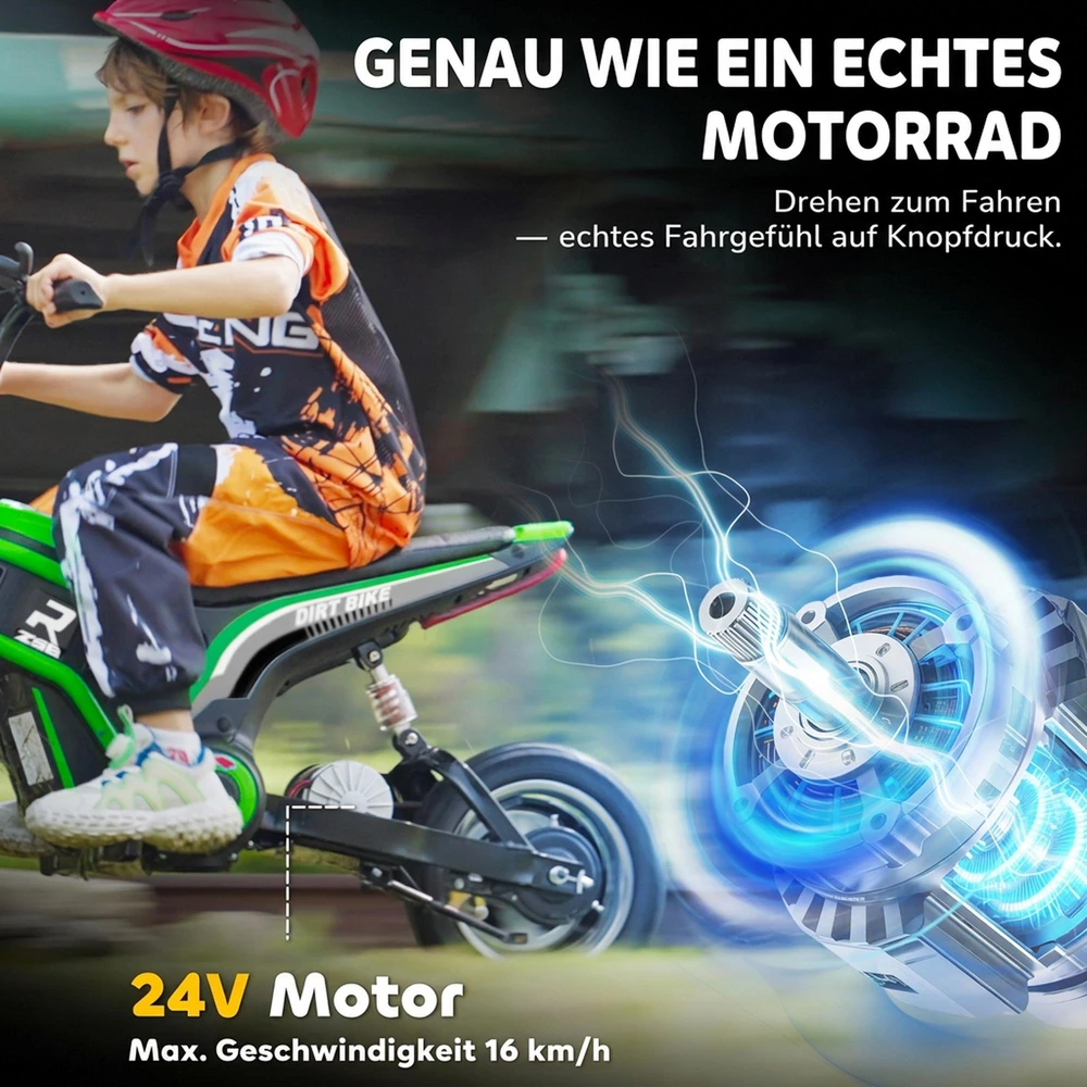 HOMCOM vaikiškas elektrinis motociklas, 12 V vaikiškas motociklas su garsiniu signalu, žibintu, transporto priemonė vaikams su pasukama greičio rankena, 8-16 km/val., 8-12 metų vaikams, žalias | Aosom