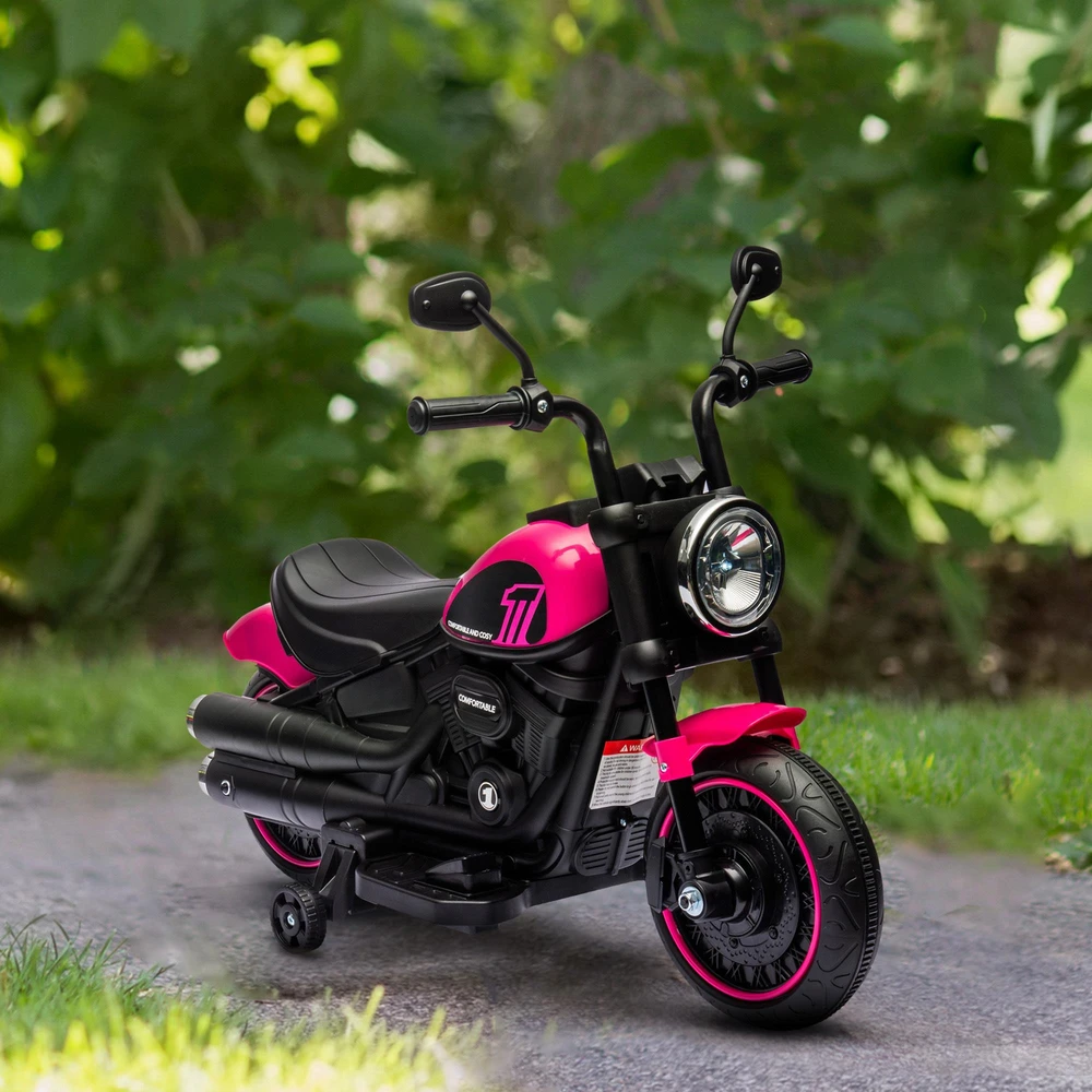 HOMCOM vaikiškas elektrinis motociklas, vaikiška transporto priemonė su 2 nuimamais pagalbiniais ratukais, 1,5-3 km/val., 1,5-3 metų vaikams, rožinė