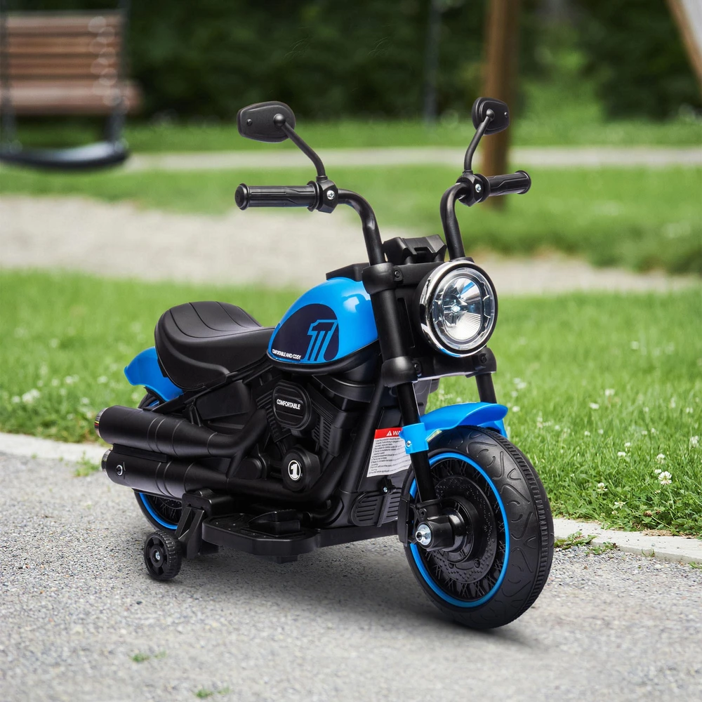 HOMCOM vaikiškas elektrinis motociklas su 2 nuimamais pagalbiniais ratukais, 1,5–3 km/val., skirtas 1,5–3 metų vaikams, mėlynas