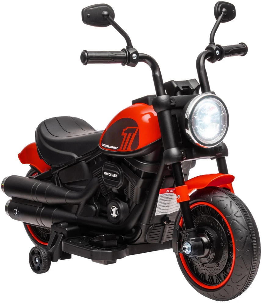 HOMCOM vaikiškas elektrinis motociklas su 2 nuimamais pagalbiniais ratukais, 3 km/val., 1,5-3 metų vaikams, raudonas