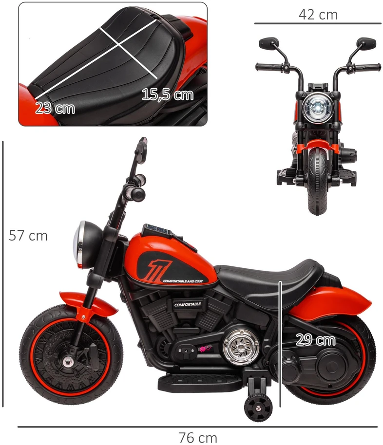 HOMCOM vaikiškas elektrinis motociklas su 2 nuimamais pagalbiniais ratukais, 3 km/val., 1,5-3 metų vaikams, raudonas