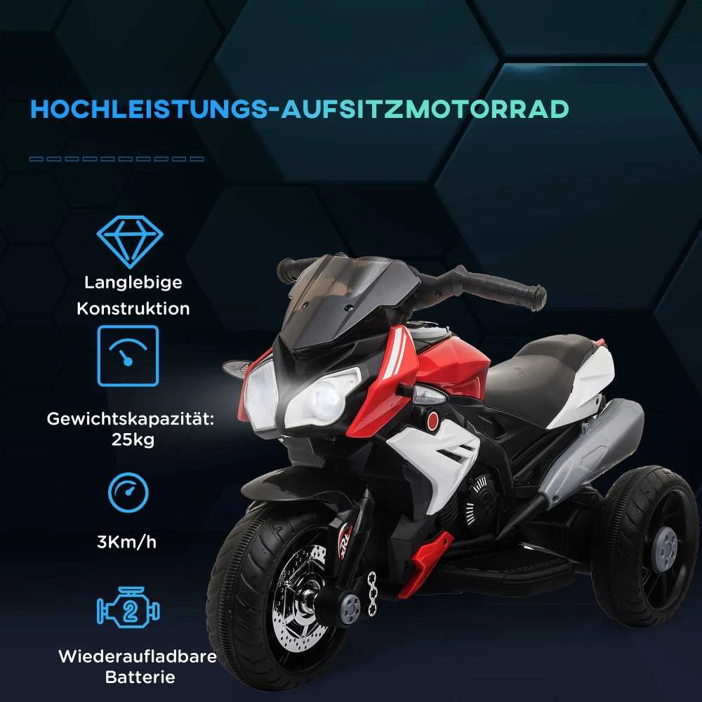 HOMCOM vaikiškas elektrinis motociklas, 6V vaikiška transporto priemonė su muzika ir žibintais, skirta 3–5 metų vaikams, plastikas ir metalas, juoda ir raudona spalvos, 3 km/h
