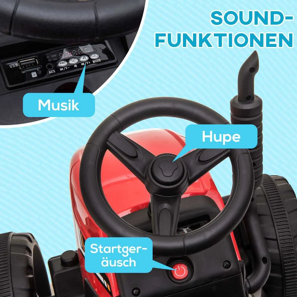 HOMCOM elektrinis traktorius vaikams su priekaba, nuotolinio valdymo pulteliu, MP3, žibintais, 3-6 km/h, raudonas