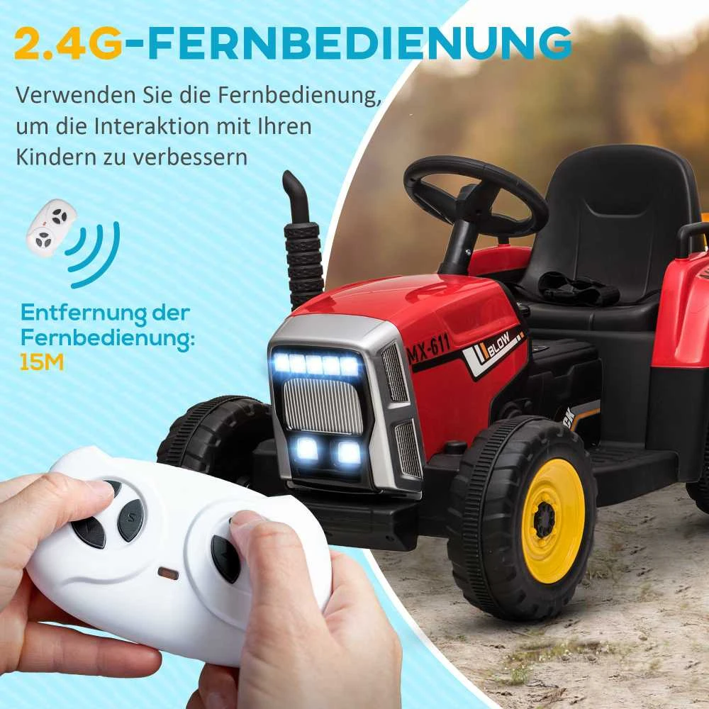 HOMCOM elektrinis traktorius vaikams su priekaba, nuotolinio valdymo pulteliu, MP3, žibintais, 3-6 km/h, raudonas