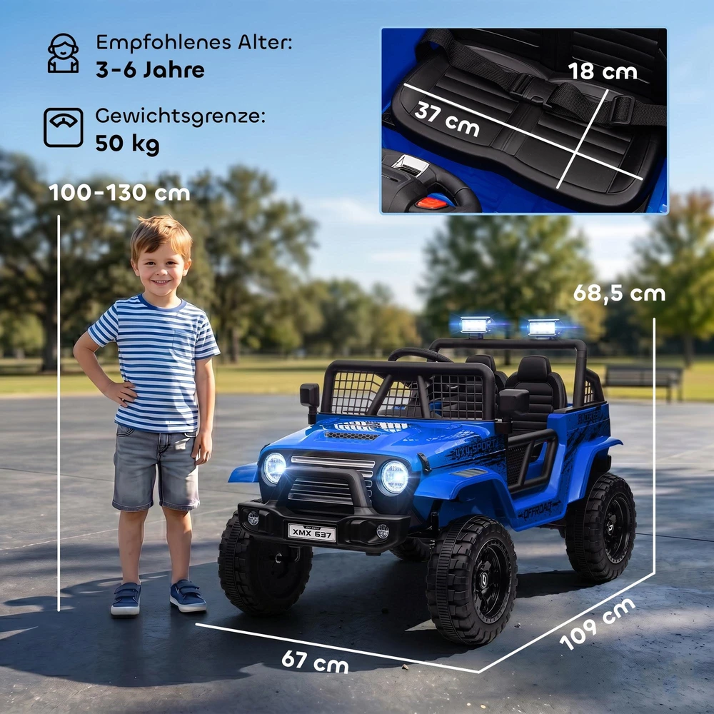 Aiyaplay HOMCOM vaikiškas elektromobilis, 12 V, 3-5 km/h visureigis su muzikos jungtimi, vaikiška transporto priemonė su 2,4G nuotolinio valdymo pulteliu, priekiniais žibintais, garsiniu signalu, elektrinė vaikiška transporto priemonė 3-6 metų vaikams, mėlynas