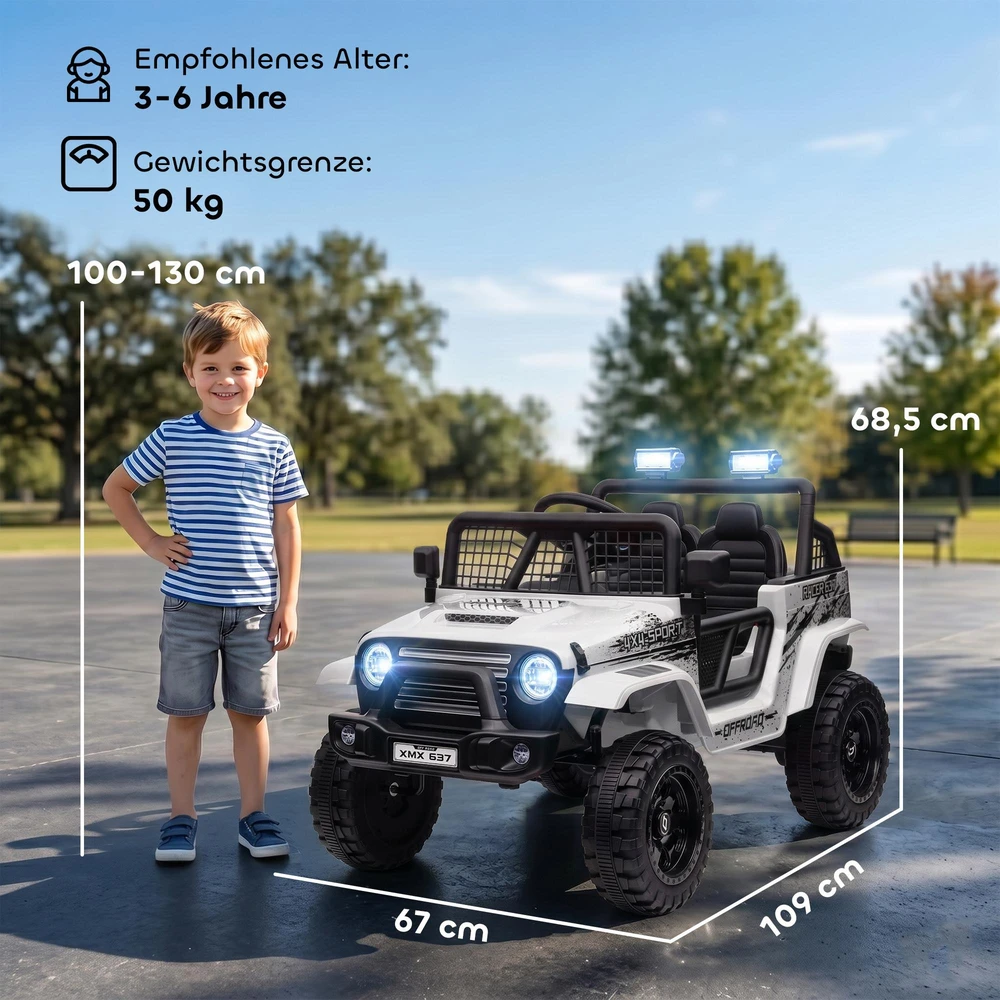 Aiyaplay HOMCOM vaikiškas elektromobilis, 12 V, 3-5 km/h visureigis su muzikos jungtimi, vaikiška transporto priemonė su 2,4 G nuotolinio valdymo pultu, priekiniais žibintais, garso signalu, elektrinis vaikiškas automobilis 3-6 metų vaikams, baltas