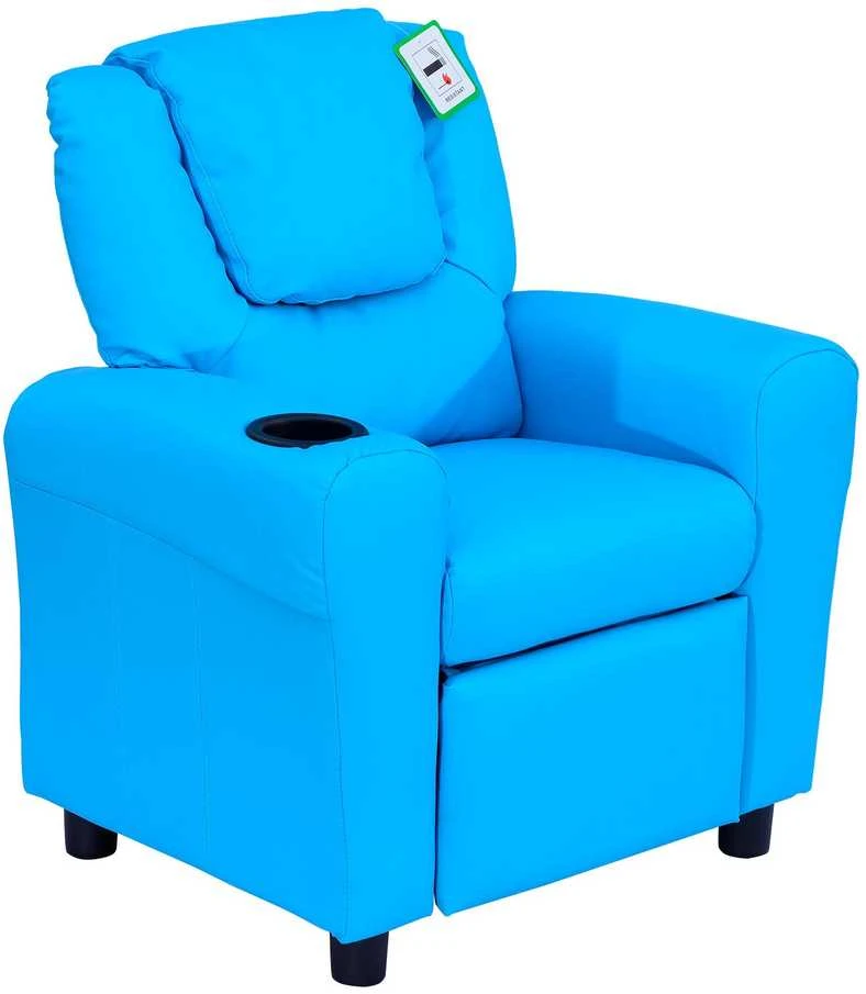 HOMCOM vaikiškas fotelis su atsilenkimo funkcija, mini sofa 3–6 metų vaikams, mėlyna, su įmontuotu puodelio laikikliu, 62x52x69 cm