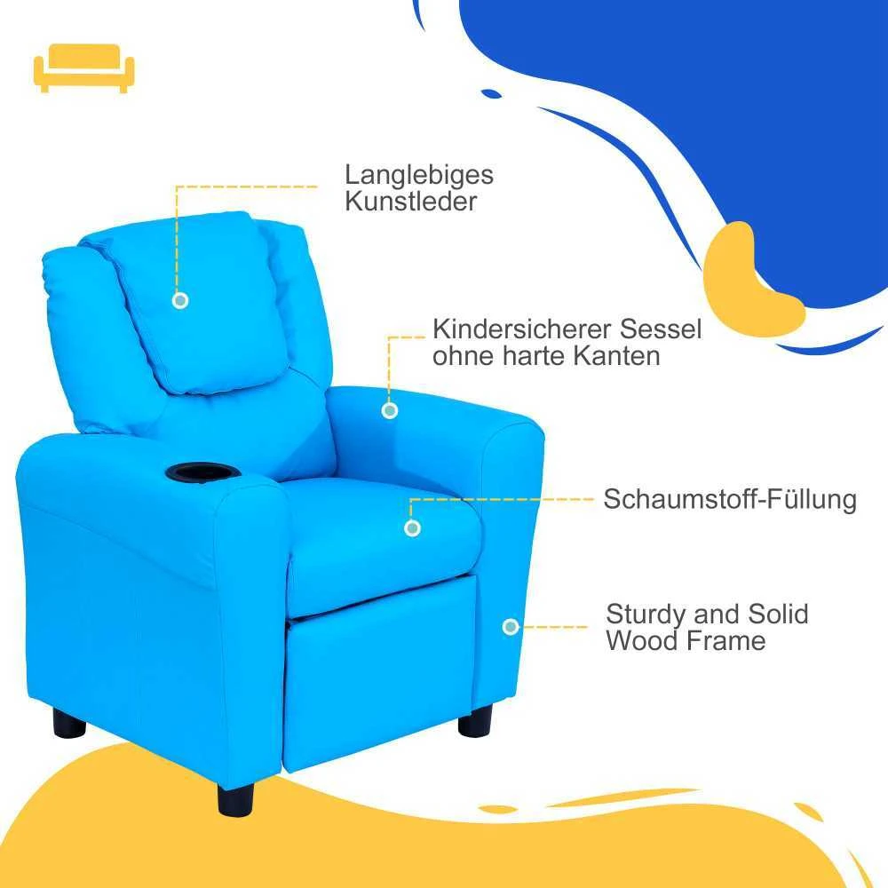HOMCOM vaikiškas fotelis su atsilenkimo funkcija, mini sofa 3–6 metų vaikams, mėlyna, su įmontuotu puodelio laikikliu, 62x52x69 cm