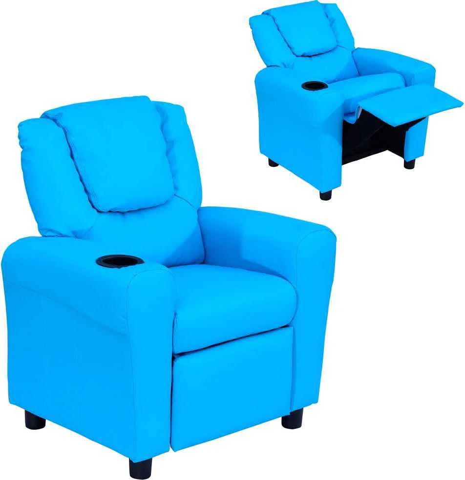 HOMCOM vaikiškas fotelis su atsilenkimo funkcija, mini sofa 3–6 metų vaikams, mėlyna, su įmontuotu puodelio laikikliu, 62x52x69 cm
