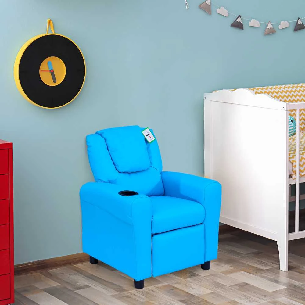 HOMCOM vaikiškas fotelis su atsilenkimo funkcija, mini sofa 3–6 metų vaikams, mėlyna, su įmontuotu puodelio laikikliu, 62x52x69 cm