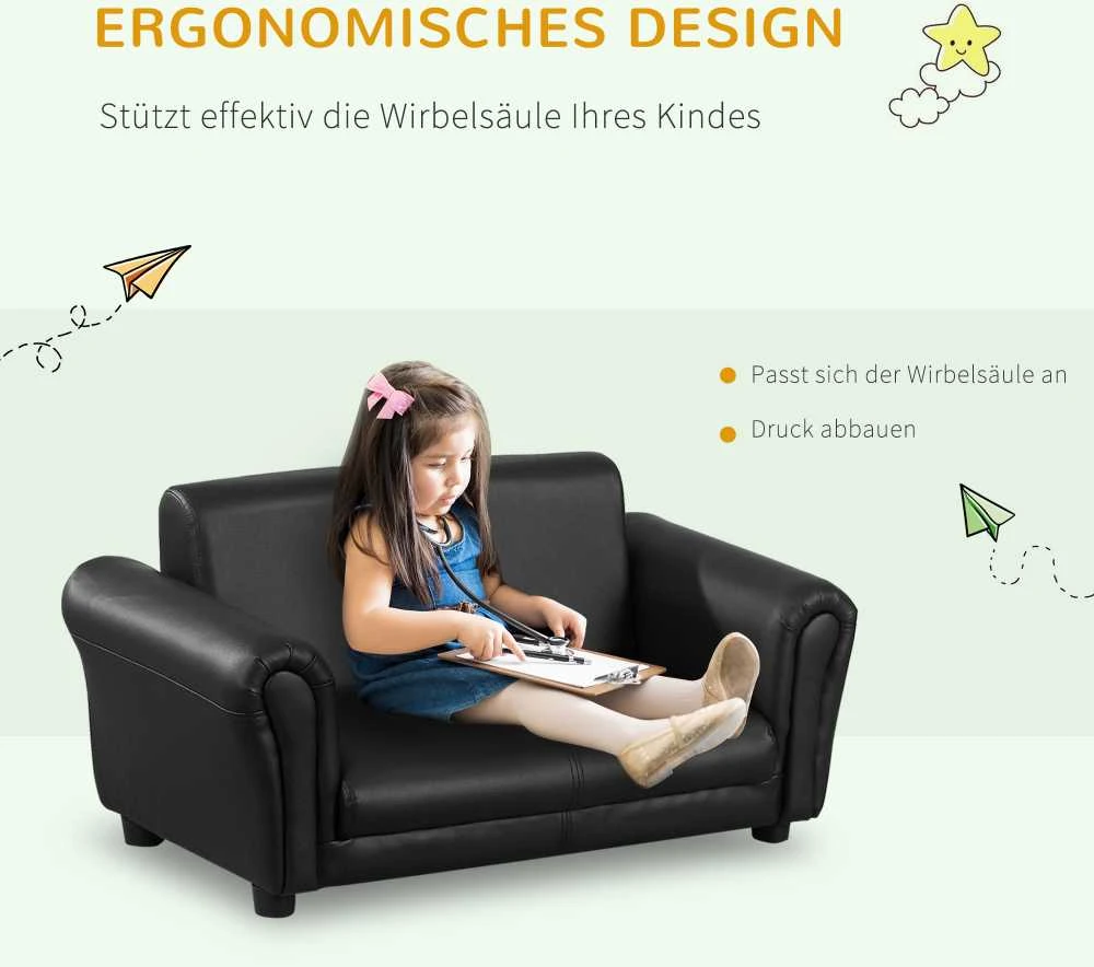 HOMCOM vaikiškas fotelis su kojų atrama, vaikiška sofa ir taburetė, juodos spalvos, patogus sofos ir fotelio komplektas, 83x42x41 cm