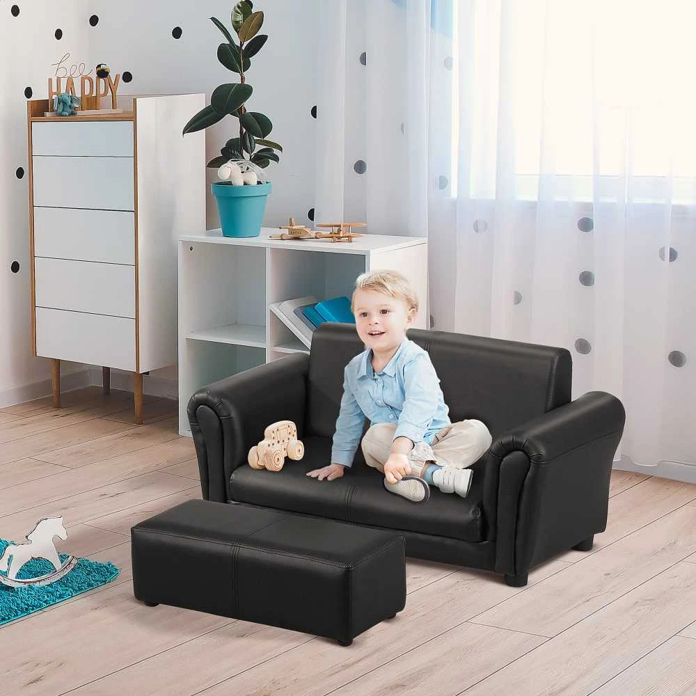 HOMCOM vaikiškas fotelis su kojų atrama, vaikiška sofa ir taburetė, juodos spalvos, patogus sofos ir fotelio komplektas, 83x42x41 cm