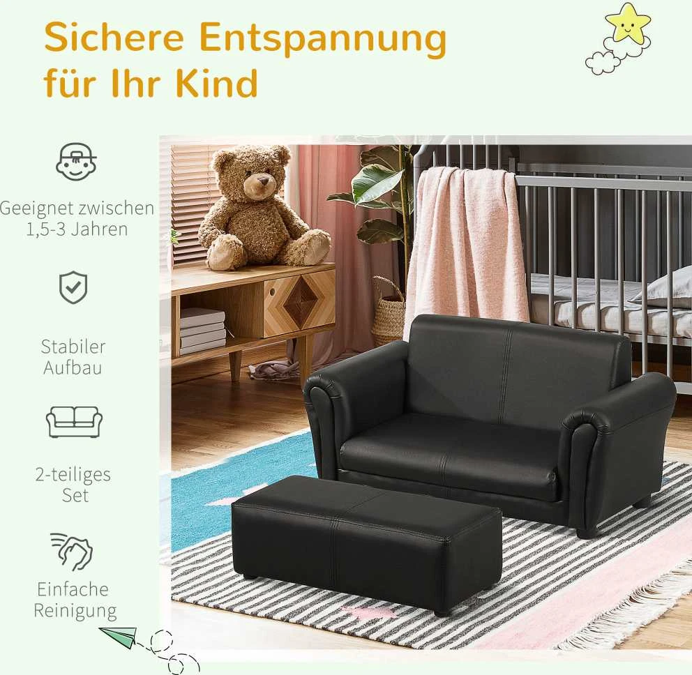 HOMCOM vaikiškas fotelis su kojų atrama, vaikiška sofa ir taburetė, juodos spalvos, patogus sofos ir fotelio komplektas, 83x42x41 cm