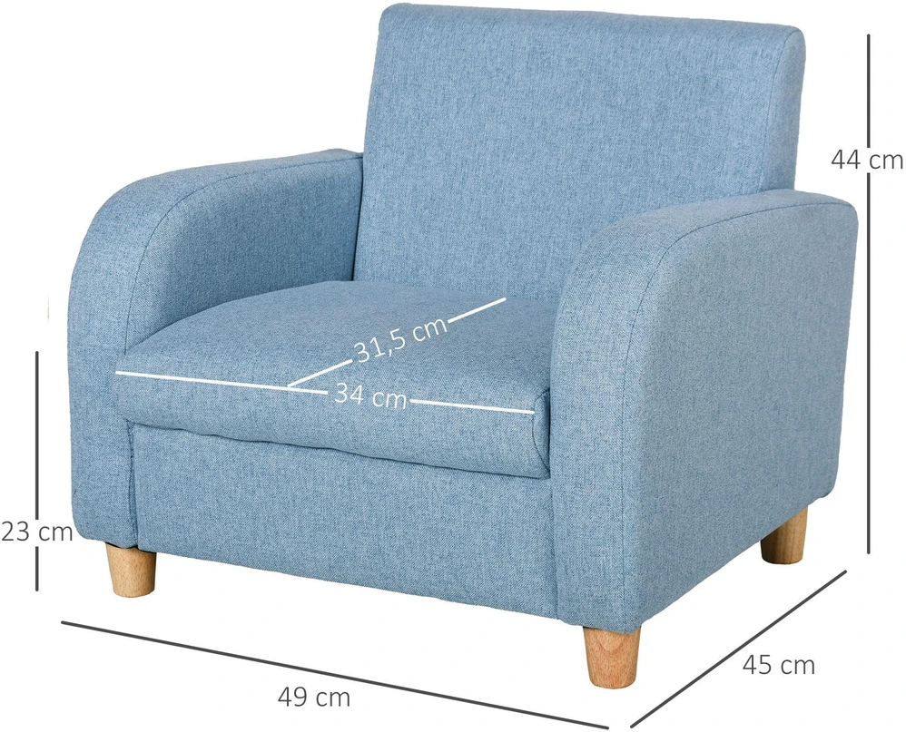 HOMCOM vaikiškas fotelis, vaikiška sofa su storu porolonu ir sėdimąja pagalvėle, neslystančios kojelės, mėlyna, 49x45x44,5 cm