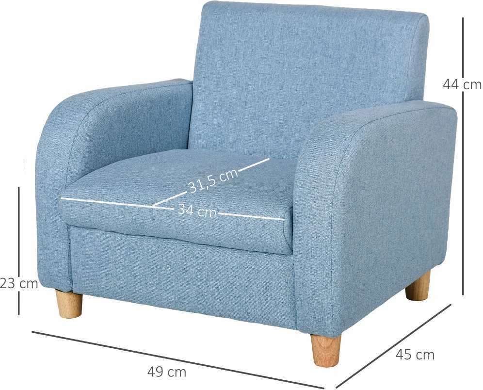 HOMCOM vaikiškas fotelis, vaikiška sofa su storu porolonu ir sėdimąja pagalvėle, neslystančios kojelės, mėlyna, 49x45x44,5 cm