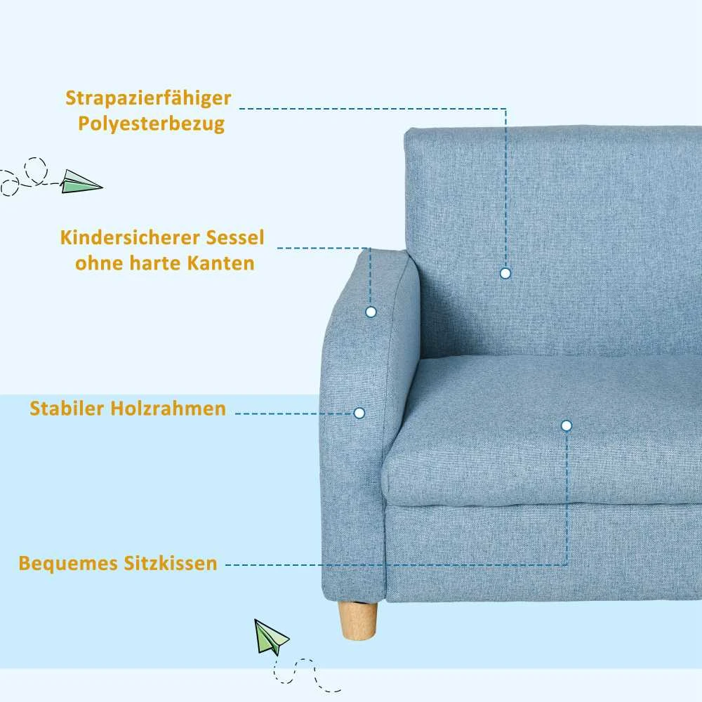 HOMCOM vaikiškas fotelis, vaikiška sofa su storu porolonu ir sėdimąja pagalvėle, neslystančios kojelės, mėlyna, 49x45x44,5 cm