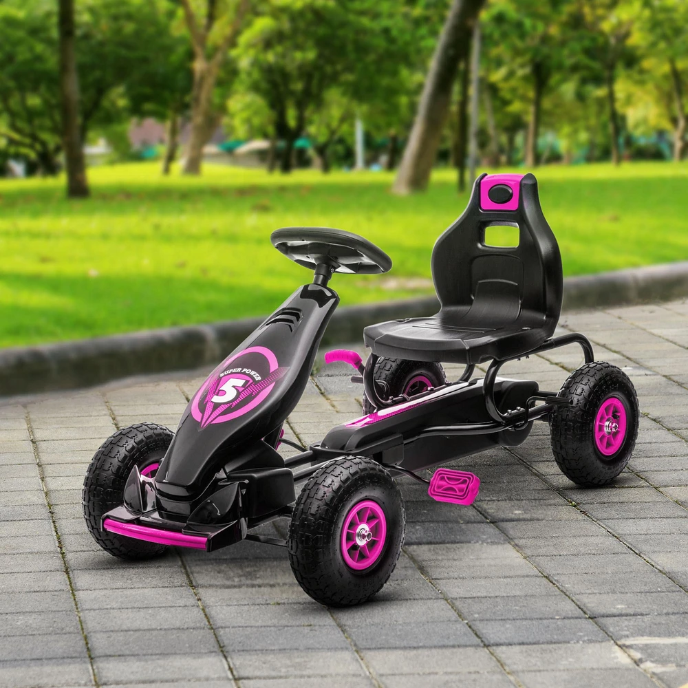 HOMCOM vaikiškas kartingas, reguliuojama sėdynė, guminės padangos, pedalai ir rankinis stabdis, pedalinis automobilis 5–12 metų vaikams, lauko, rožinė