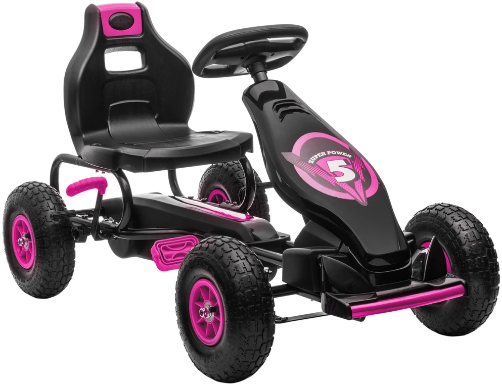 HOMCOM vaikiškas kartingas, reguliuojama sėdynė, guminės padangos, pedalai ir rankinis stabdis, pedalinis automobilis 5–12 metų vaikams, lauko, rožinė