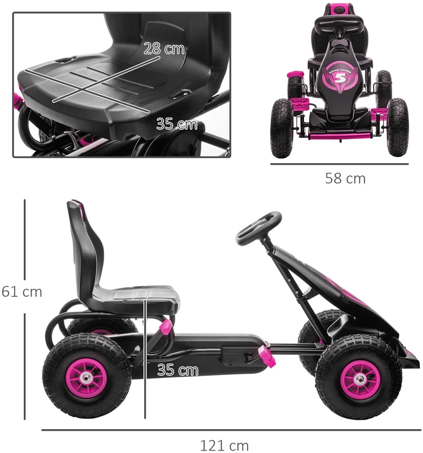 HOMCOM vaikiškas kartingas, reguliuojama sėdynė, guminės padangos, pedalai ir rankinis stabdis, pedalinis automobilis 5–12 metų vaikams, lauko, rožinė