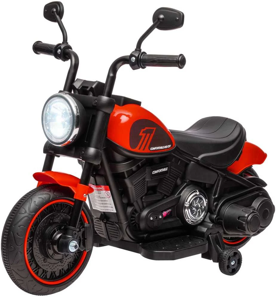 HOMCOM vaikiškas elektrinis motociklas su 2 nuimamais pagalbiniais ratukais, 3 km/val., 1,5-3 metų vaikams, raudonas