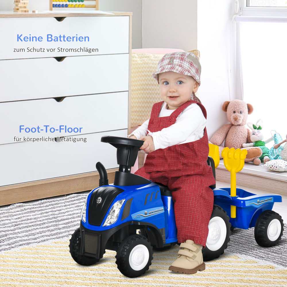 HOMCOM vaikiškas traktorius stumdukas NEW HOLLAND su garsiniu signalu, mėlynas