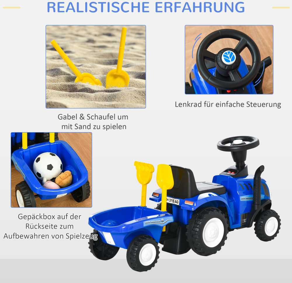 HOMCOM vaikiškas traktorius stumdukas NEW HOLLAND su garsiniu signalu, mėlynas