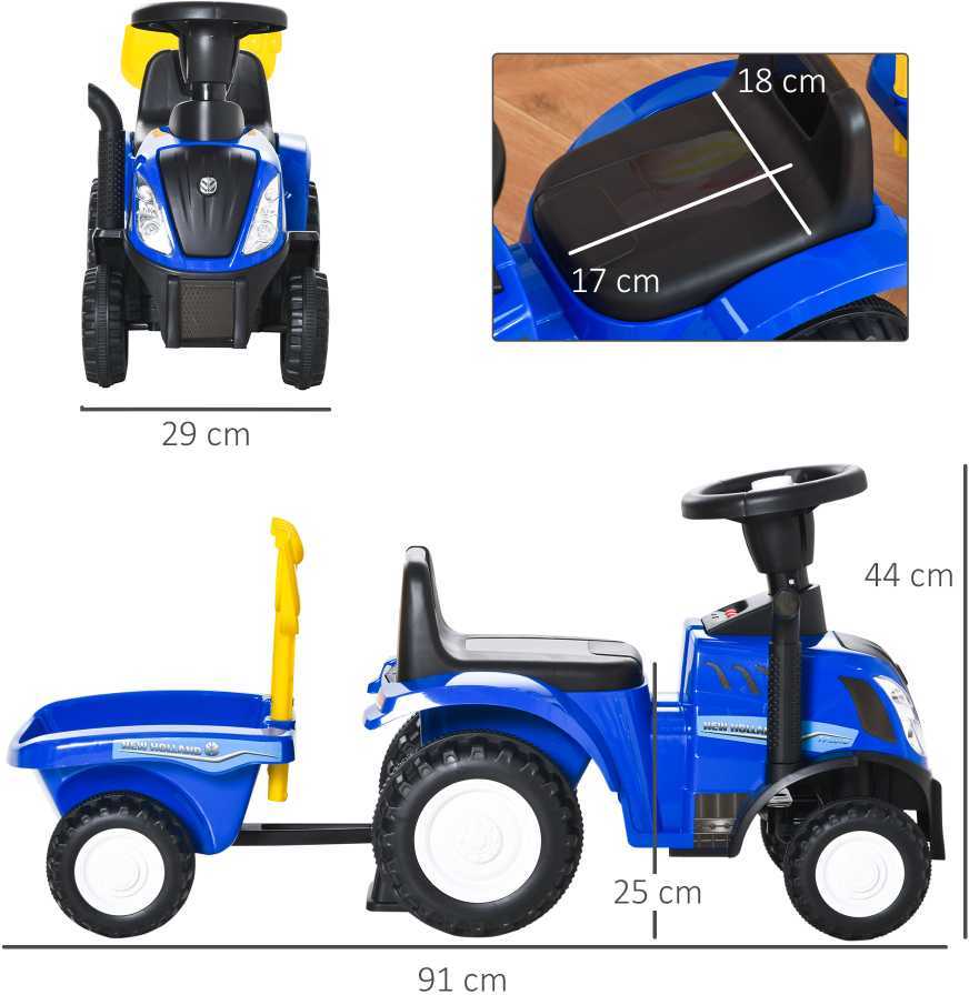 HOMCOM vaikiškas traktorius stumdukas NEW HOLLAND su garsiniu signalu, mėlynas