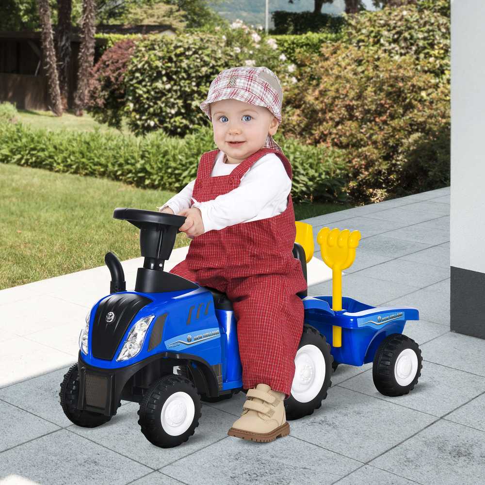 HOMCOM vaikiškas traktorius stumdukas NEW HOLLAND su garsiniu signalu, mėlynas