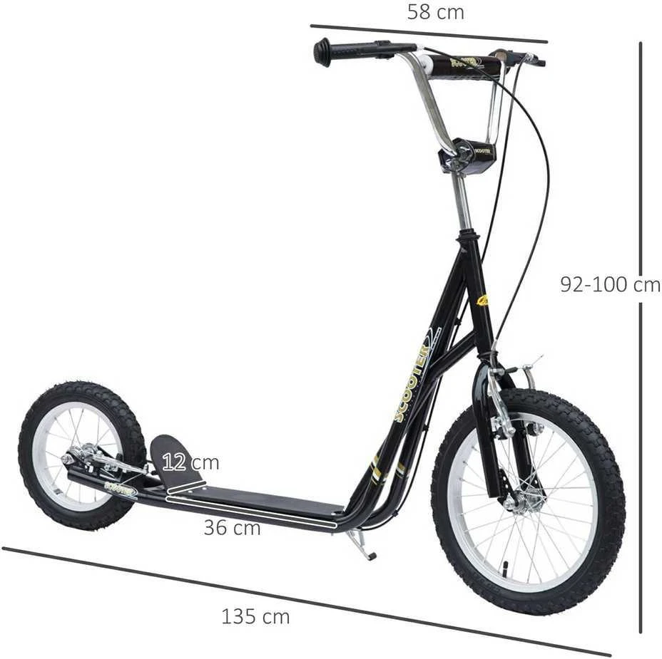 HOMCOM vaikiškas paspirtukas 16/12 colių su stabdžiais, miesto paspirtukas, vaikams nuo 5 metų, juodas, 135x58x92-100 cm