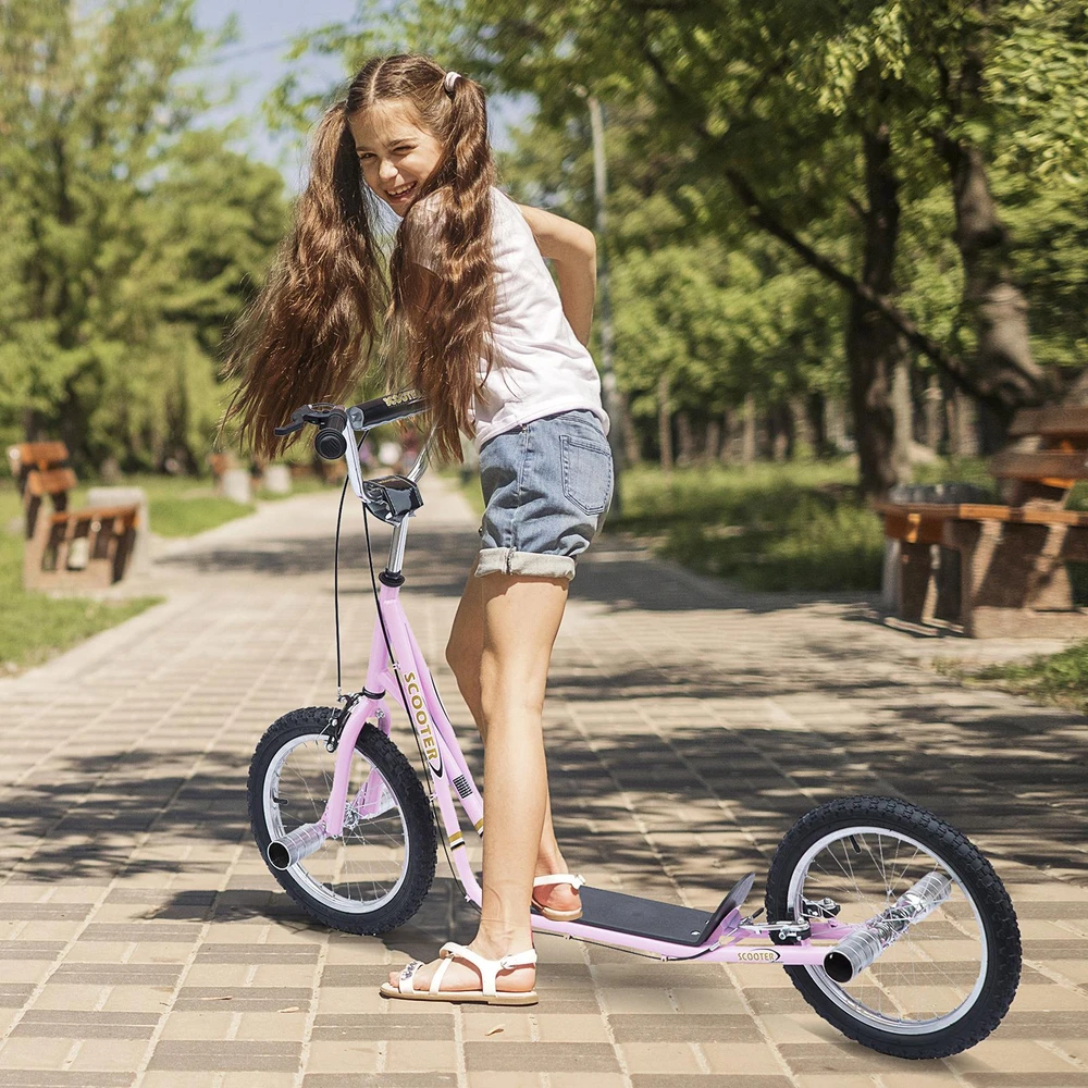 HOMCOM vaikiškas paspirtukas, 16 colių motoroleris su pneumatinėmis padangomis, reguliuojamo aukščio paspirtukas, rožinės spalvos kickscooter vaikams nuo 5 metų