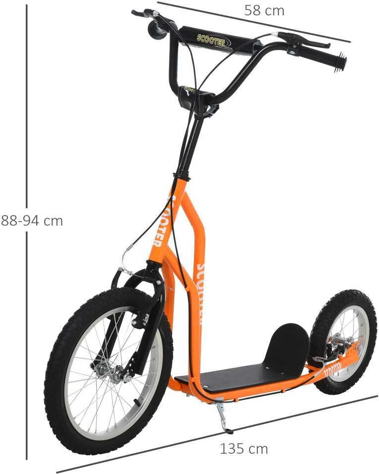 HOMCOM vaikiškas paspirtukas, skirtas vaikams nuo 5 metų, miesto paspirtukas su 16/12 colių pripučiamais ratais, oranžinis, 135 x 58 x 88-94 cm