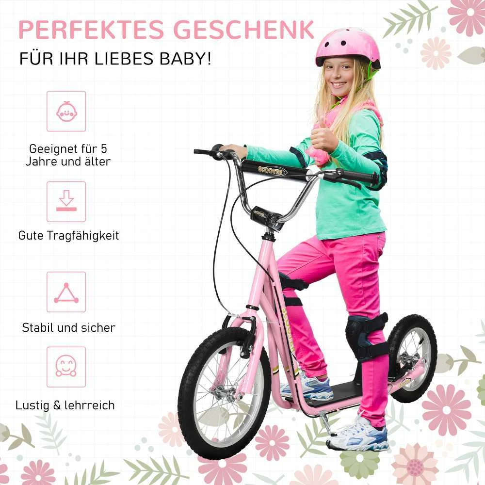 HOMCOM Vaikiškas paspirtukas su stabdžiais 16/12 colių paspirtukas pedalinis paspirtukas miesto paspirtukas vaikų paspirtukas kickboard 5+ metų vaikams rožinis 135 x 58 x 92-100 cm