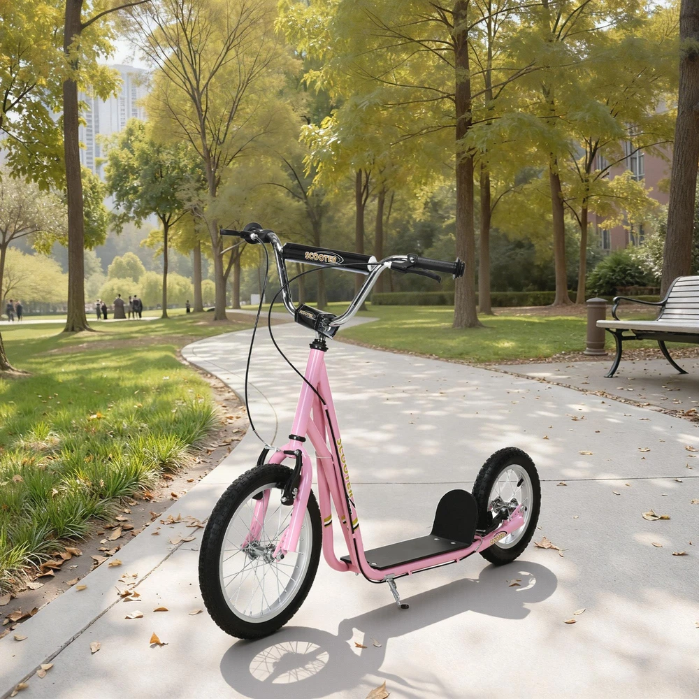 HOMCOM Vaikiškas paspirtukas su stabdžiais 16/12 colių paspirtukas pedalinis paspirtukas miesto paspirtukas vaikų paspirtukas kickboard 5+ metų vaikams rožinis 135 x 58 x 92-100 cm