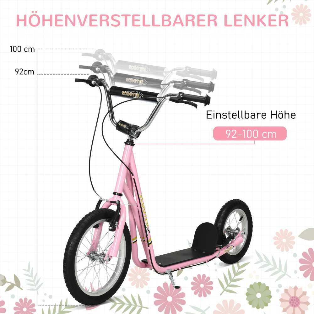HOMCOM Vaikiškas paspirtukas su stabdžiais 16/12 colių paspirtukas pedalinis paspirtukas miesto paspirtukas vaikų paspirtukas kickboard 5+ metų vaikams rožinis 135 x 58 x 92-100 cm