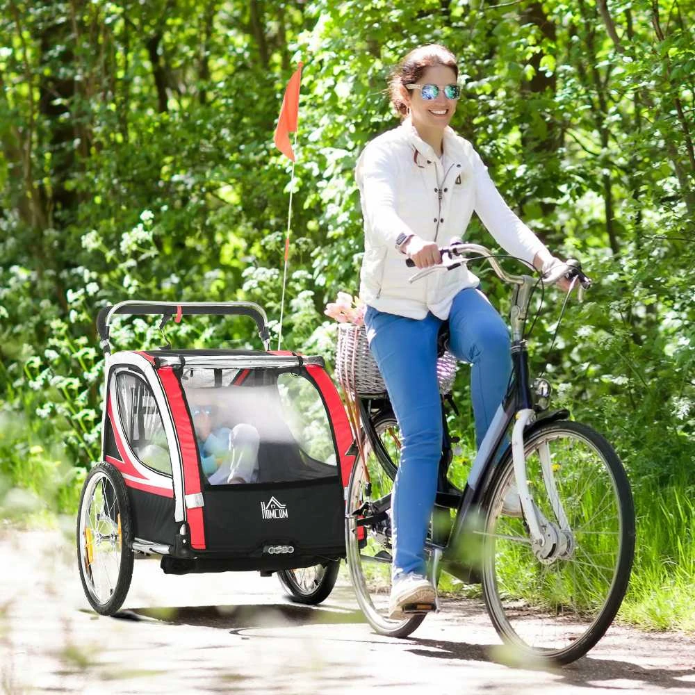 HOMCOM 2-in-1 vaikiška priekaba dviračiui, su amortizacija, tinkleliu nuo vabzdžių, 360° besisukančiu priekiniu ratuku, stabdžiais, raudona/juoda, 142x75x101 cm