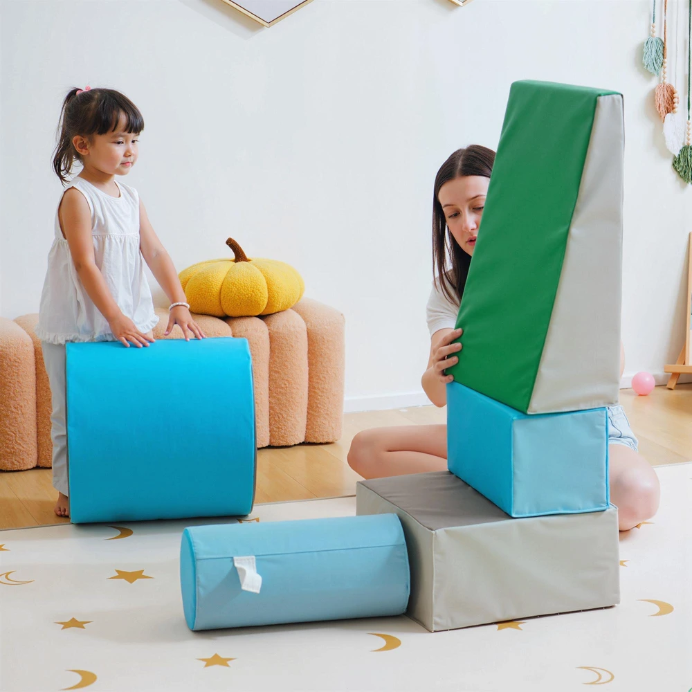 HOMCOM vaikiškų kaladėlių rinkinys, 5 vnt. putplasčio statybinės kaladėlės, konstravimo žaislas, minkštas, saugus, 1–3 metų vaikams, dirbtinė oda, EPE