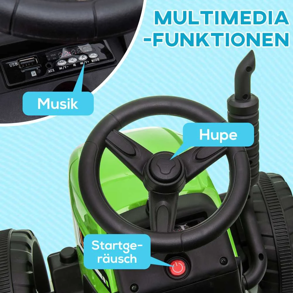 HOMCOM elektrinis traktorius su priekaba, vaikiškas elektromobilis su nuotolinio valdymo pulteliu, vaikiškas traktorius su MP3 funkcija, priekiniai žibintai