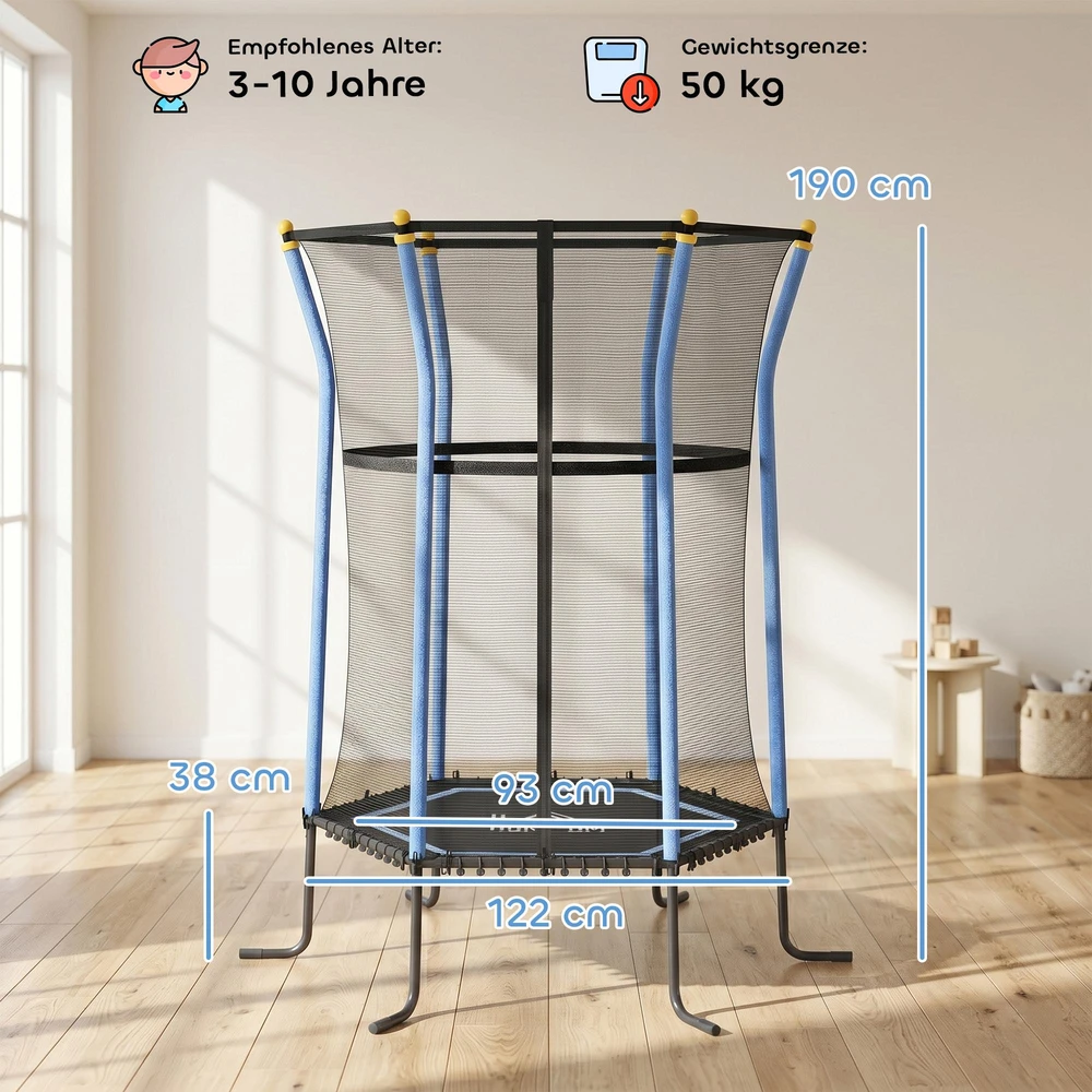 Vaikiškas batutas HOMCOM Ø163,5 cm, vidaus batutas su apsauginiu tinklu, kraštų apdaila ir elastine virve, iki 50 kg, 3-10 metų vaikams, mėlynas