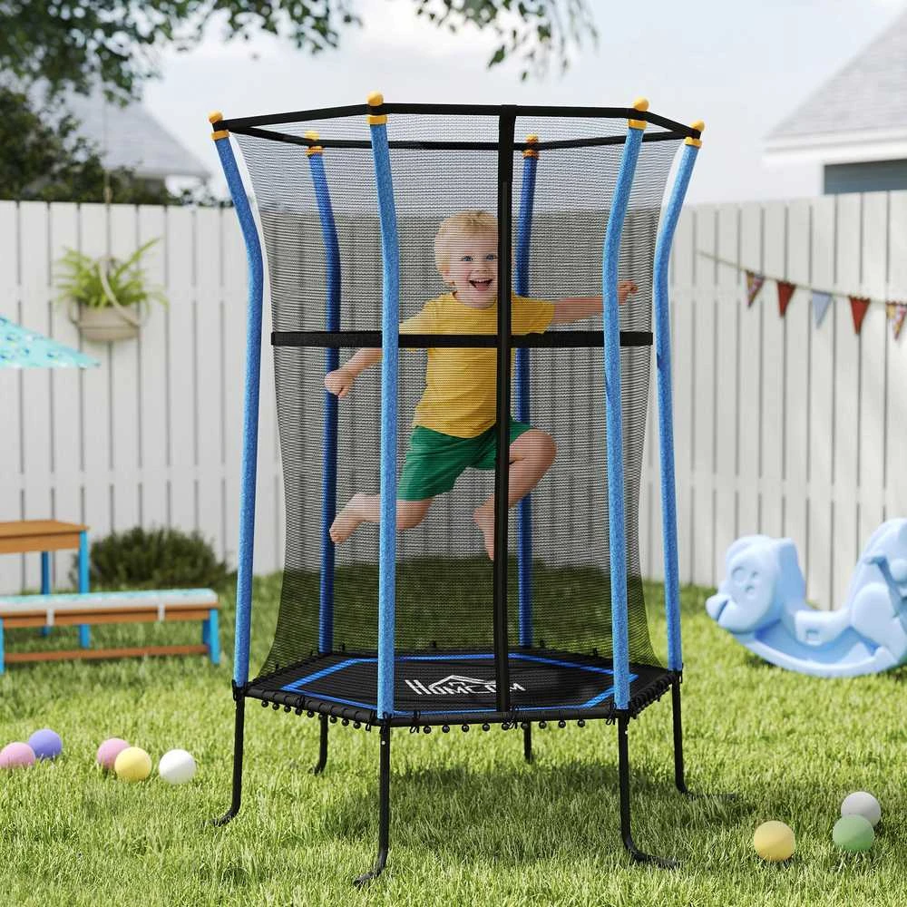 Vaikiškas batutas HOMCOM Ø163,5 cm, vidaus batutas su apsauginiu tinklu, kraštų apdaila ir elastine virve, iki 50 kg, 3-10 metų vaikams, mėlynas