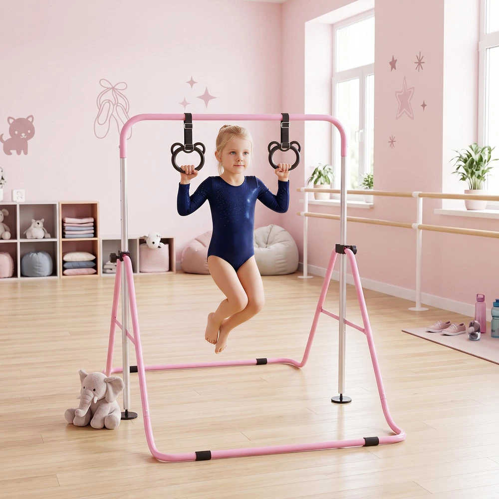 "HOMCOM" Vaikų gimnastikos horizontalioji lazda 5 pakopų reguliuojamo aukščio horizontalioji lazda horizontalioji lazda su gimnastikos žiedais, skirta naudoti patalpose, iki 50 kg apkrovos, plieninė rožinė