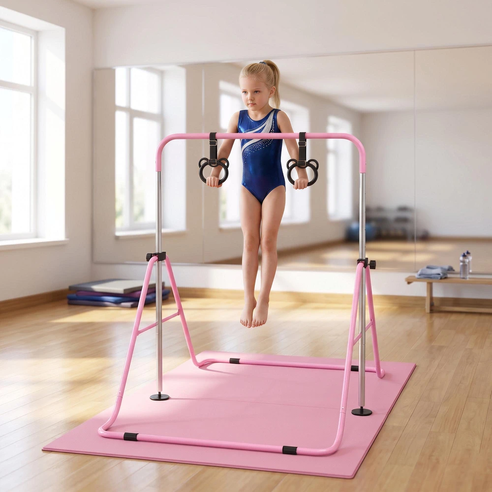 "HOMCOM" Vaikų gimnastikos horizontalioji lazda 5 pakopų reguliuojamo aukščio horizontalioji lazda horizontalioji lazda su gimnastikos žiedais, skirta naudoti patalpose, iki 50 kg apkrovos, plieninė rožinė