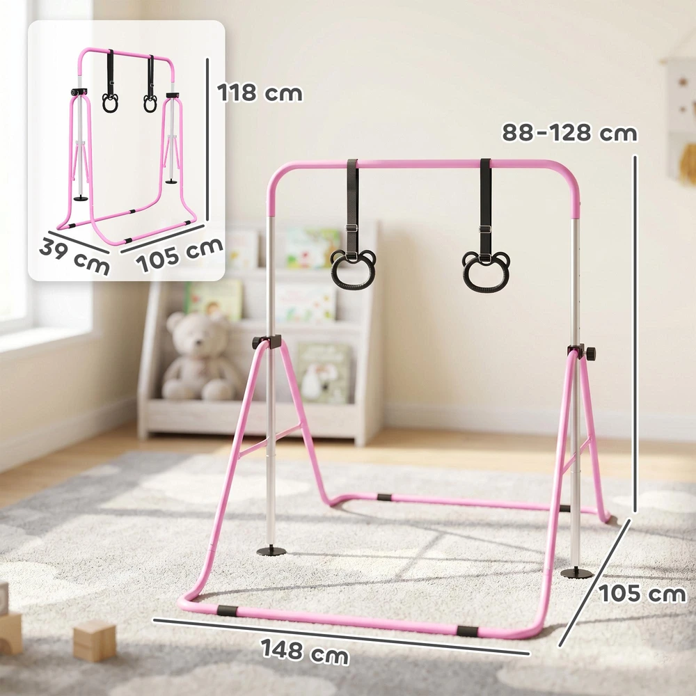 "HOMCOM" Vaikų gimnastikos horizontalioji lazda 5 pakopų reguliuojamo aukščio horizontalioji lazda horizontalioji lazda su gimnastikos žiedais, skirta naudoti patalpose, iki 50 kg apkrovos, plieninė rožinė