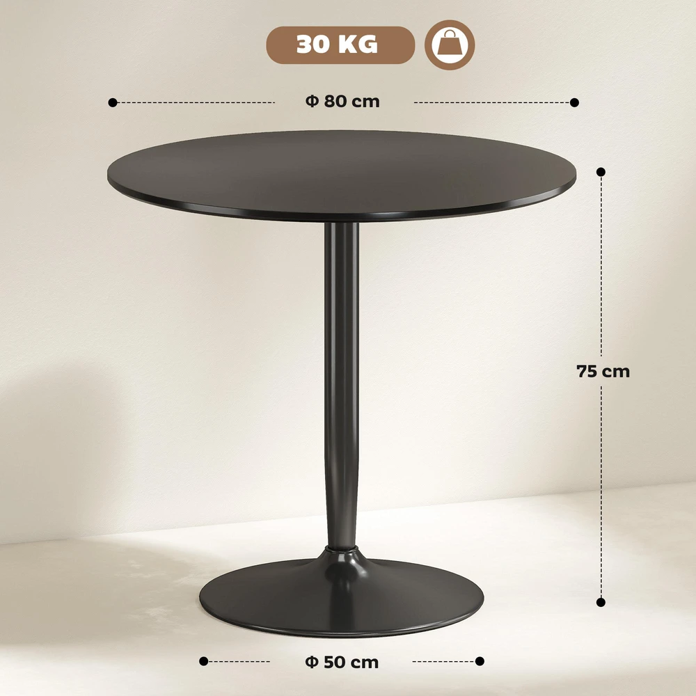 HOMCOM valgomasis stalas 2 žmonėms, apvalus stalviršis Ø80 cm, MDF ir plienas, neslystantis, juodas, 75A cm