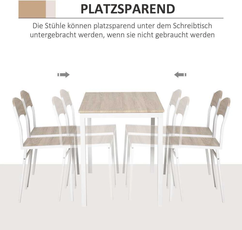 HOMCOM 5 dalių valgomojo komplektas, stalas su medžio rašto MDF stalviršiu ir metaliniu rėmu, pilka ir balta spalvos, 1 stalas + 4 kėdės